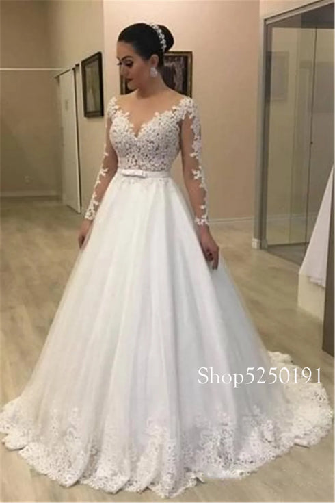 Sheer Long Sleeves Mermaid Wedding Dresses Custom Two Pieces Gowns
